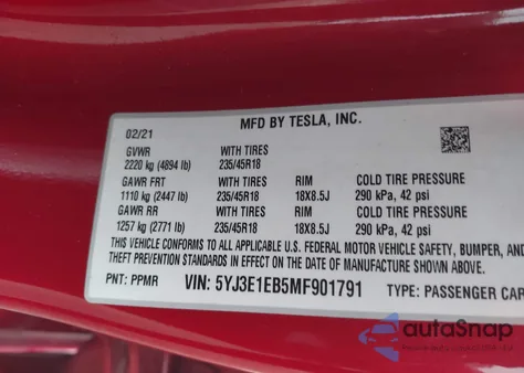 2021 Tesla Model 3 Long Range Dual Motor All-Wheel Drive из США, поврежденный, VIN 5YJ3E1EB5MF901791